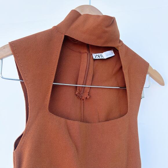 Zara Knit Choker Tank Top Rust Ribbed Fitted Small Blouse Professional Cut Out - Picture 5 of 11